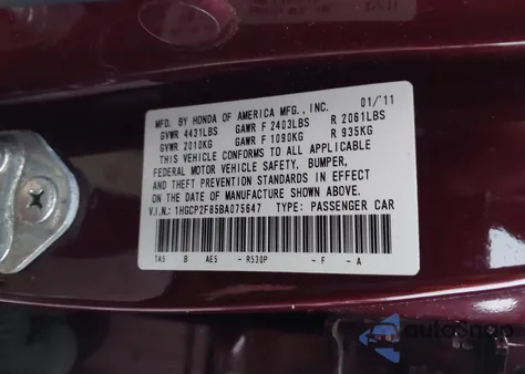 2011 Honda Accord 2.4 Ex-L z USA, uszkodzony, nr VIN 1HGCP2F85BA075647